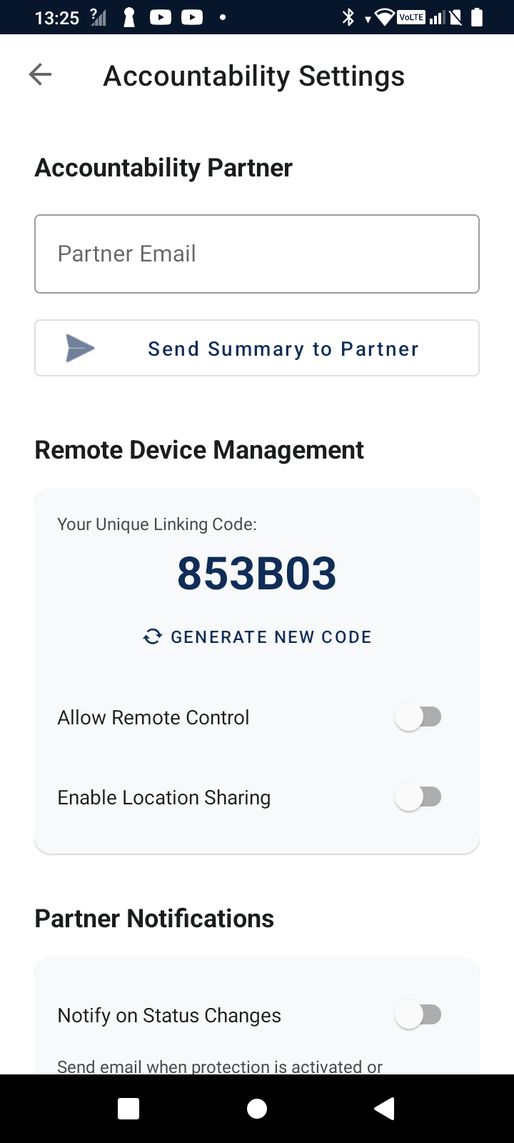 Aikona Accountability Settings showing a unique linking code, remote control and location sharing toggles, and partner notifications