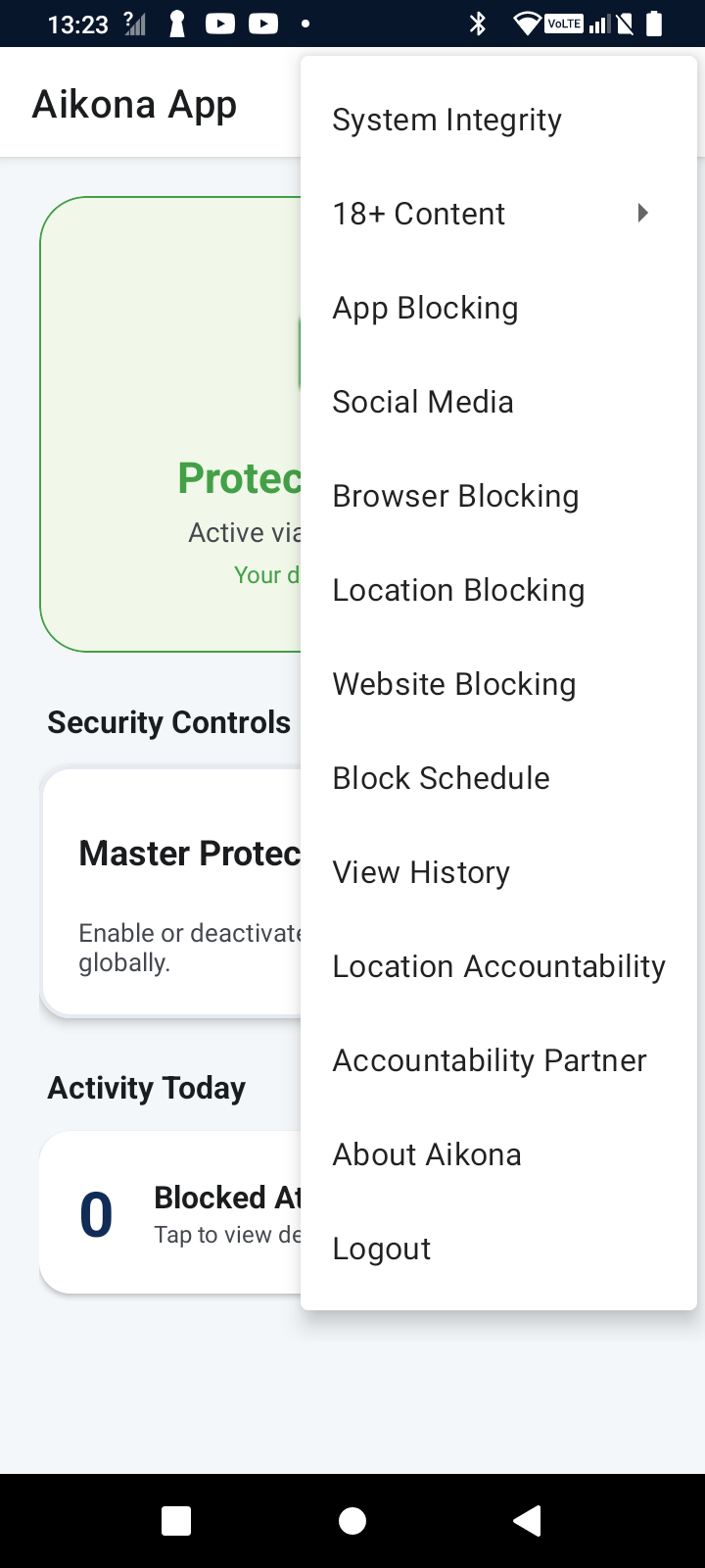 Aikona Security Controls menu listing App Blocking, Social Media, Browser Blocking, Location Blocking, Website Blocking, Block Schedule and Accountability Partner