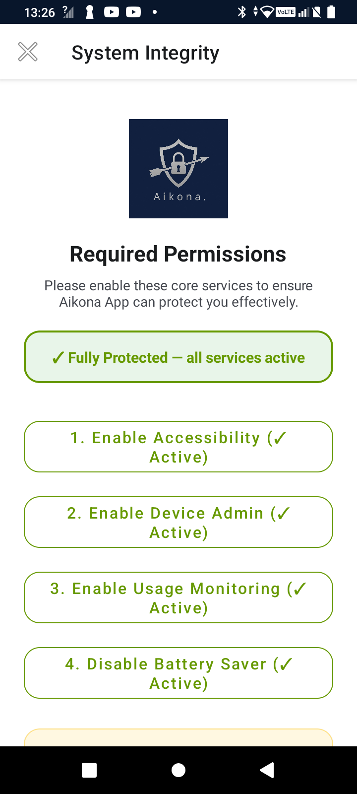 Aikona System Integrity screen showing Fully Protected with Accessibility, Device Admin and Usage Monitoring active