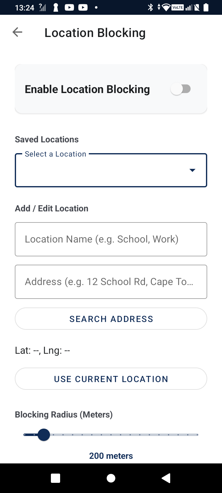 Aikona Location Blocking screen with a saved school location, address search and blocking radius
