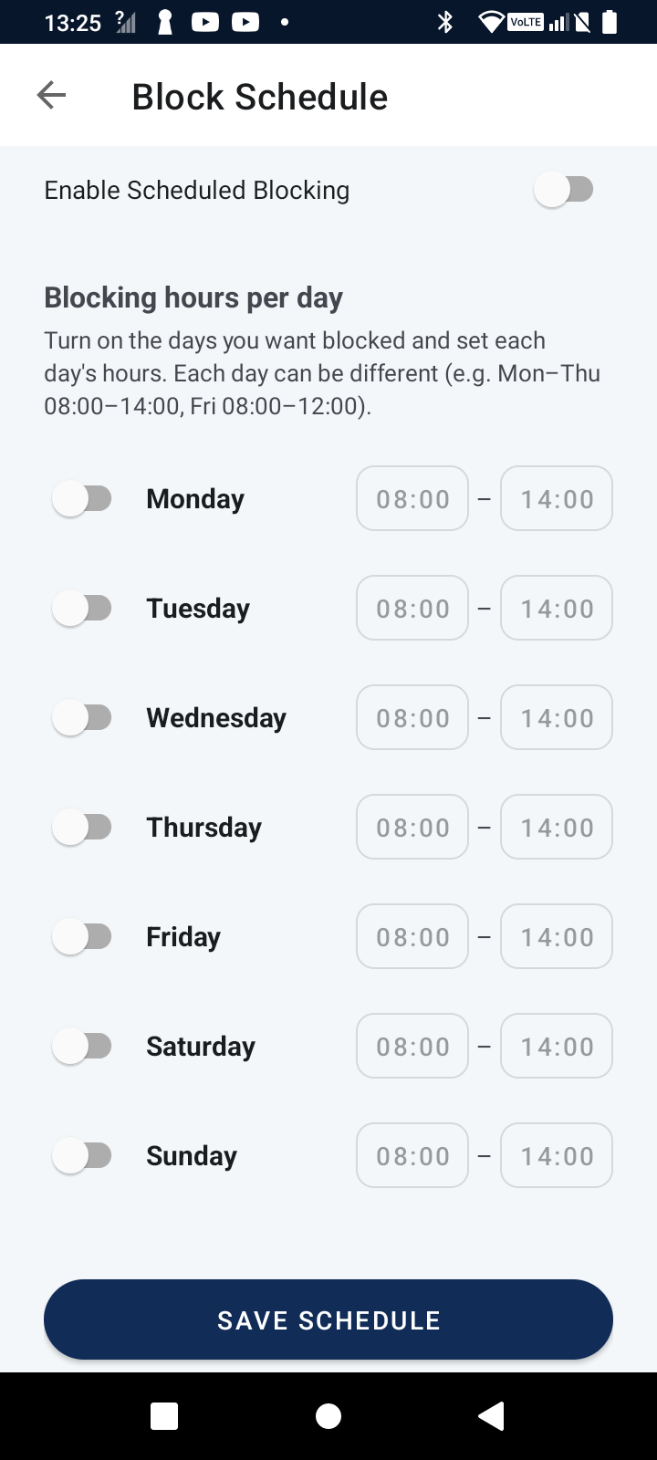 Aikona Block Schedule screen with per-day toggles and blocking hours for each day of the week