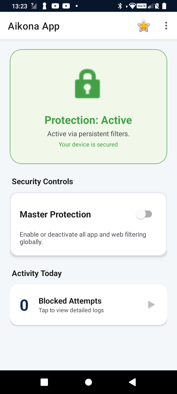 Aikona app home screen showing Protection: Active status and Security Controls